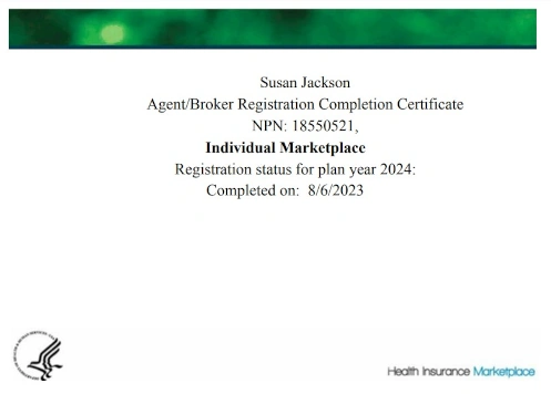 A green and white certificate of registration for an individual marketplace.